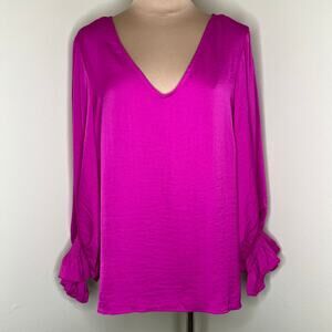 Prelude Blouse Large Womens Magenta Pink V-Neck Top Balloon Sleeve Ruffle Chic